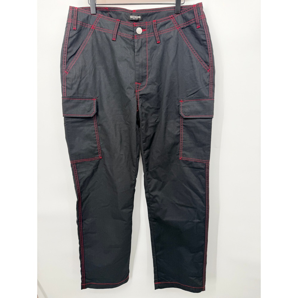 True Religion Cargo Pants Mens 34 Jet Black Red Stitching NWT 108335